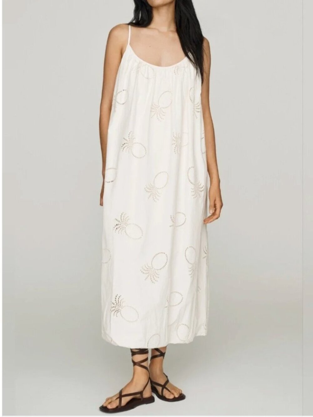 Farm Rio White Cotton Eyelets Pineapple Bubble-hem Midi Dress size M